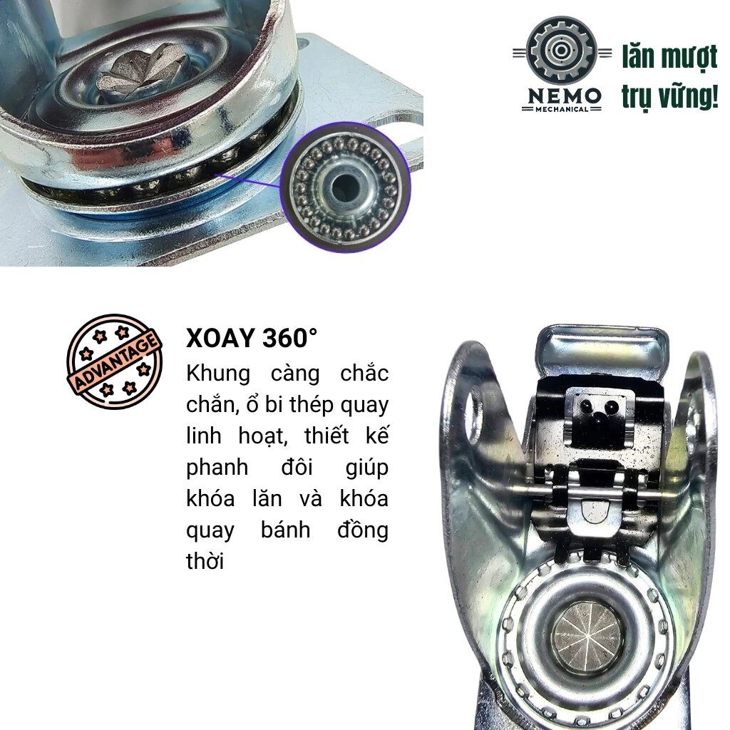 Bánh xe cao su chịu mài mòn cao, có vân bám đường, rất phù hợp cho bề mặt đường thô ráp, ghồ ghề